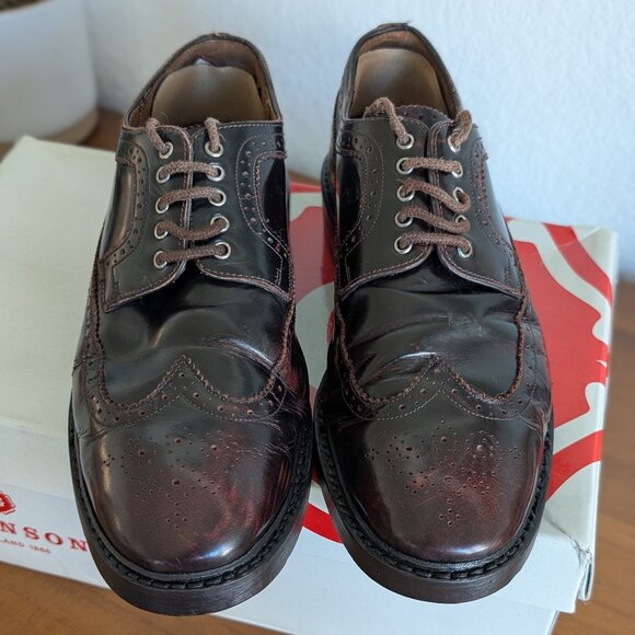 Grenson Derby Men's Black Hi Shine Heritage Leather Brogue Wingtip in Wine - Picture 1 of 5